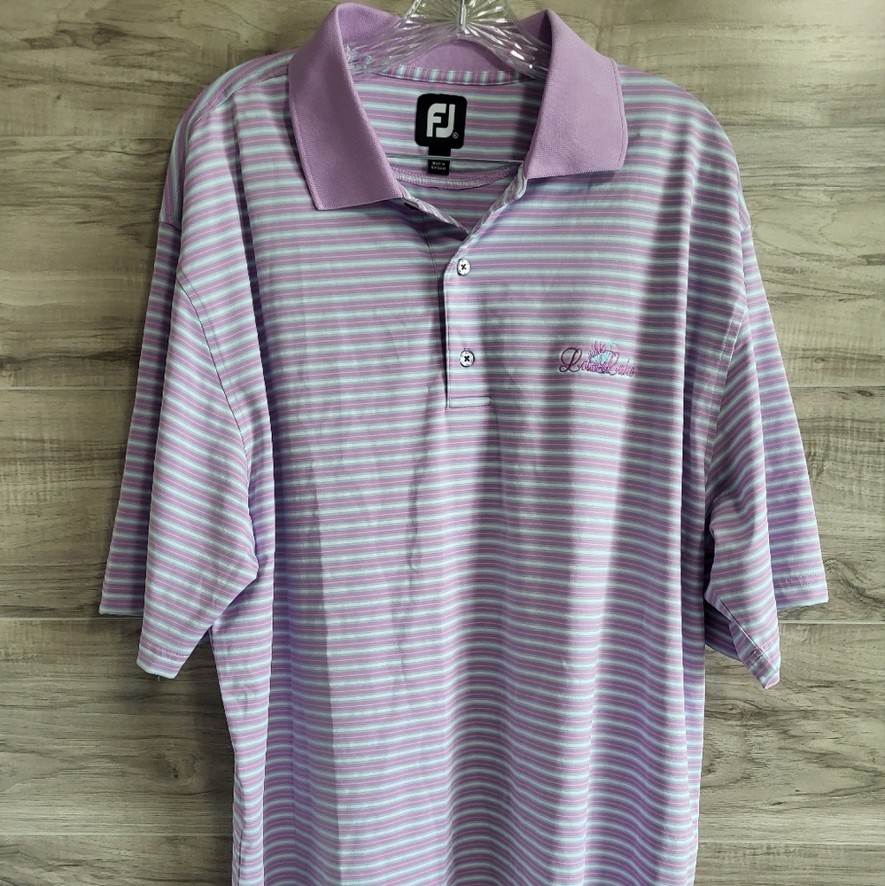 FootJoy Men's XL Purple White Striped Polo Golf Short Sleeve Shirt Logo